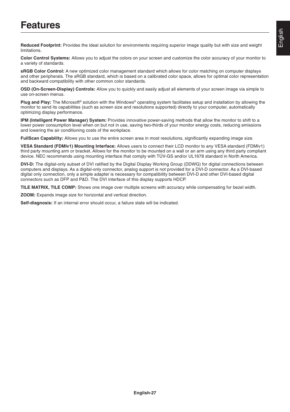 Features, English | NEC LCD4215 User Manual | Page 29 / 34