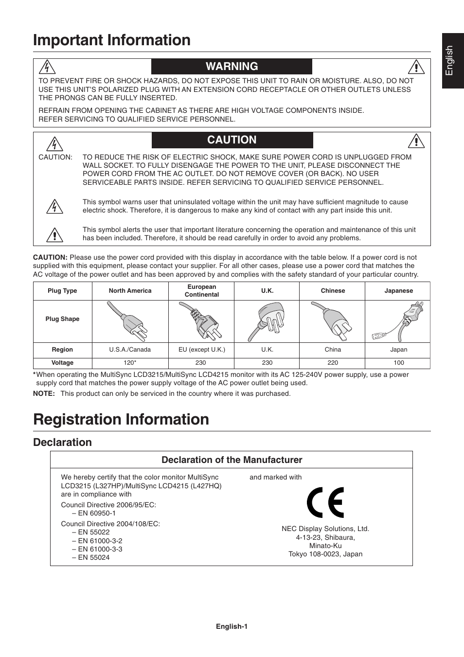 Important information, Warning, Caution | Registration information, Warning caution, Declaration, English, Declaration of the manufacturer | NEC LCD4215 User Manual | Page 3 / 34