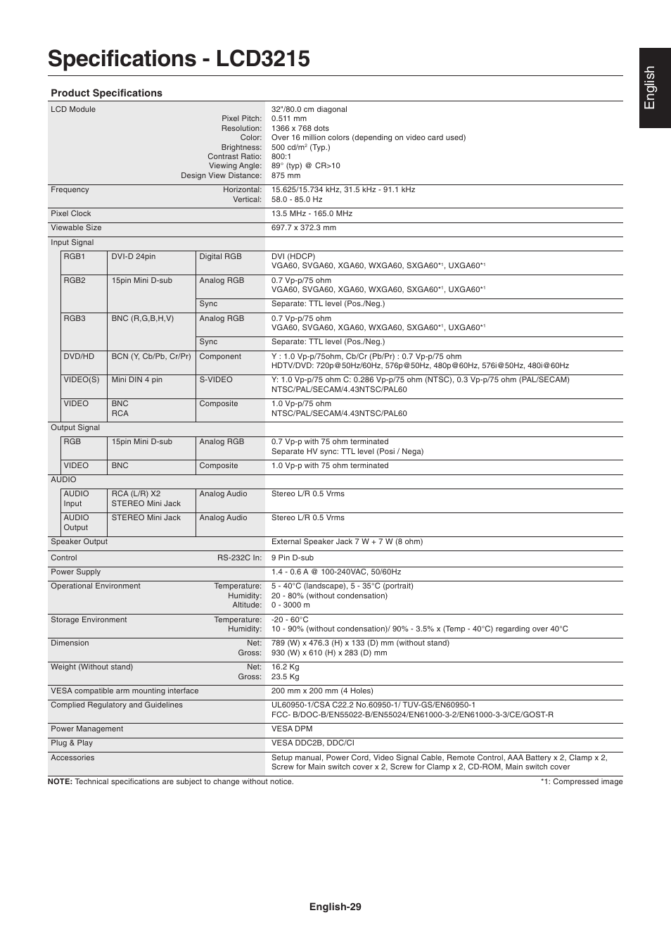 Specifications - lcd3215, English | NEC LCD4215 User Manual | Page 31 / 34