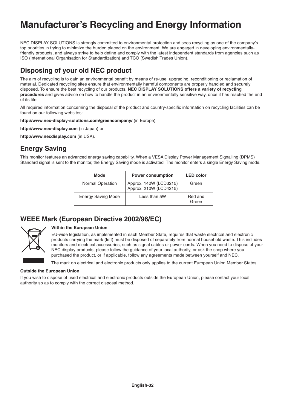 Manufacturer’s recycling and energy information, Disposing of your old nec product, Energy saving | NEC LCD4215 User Manual | Page 34 / 34