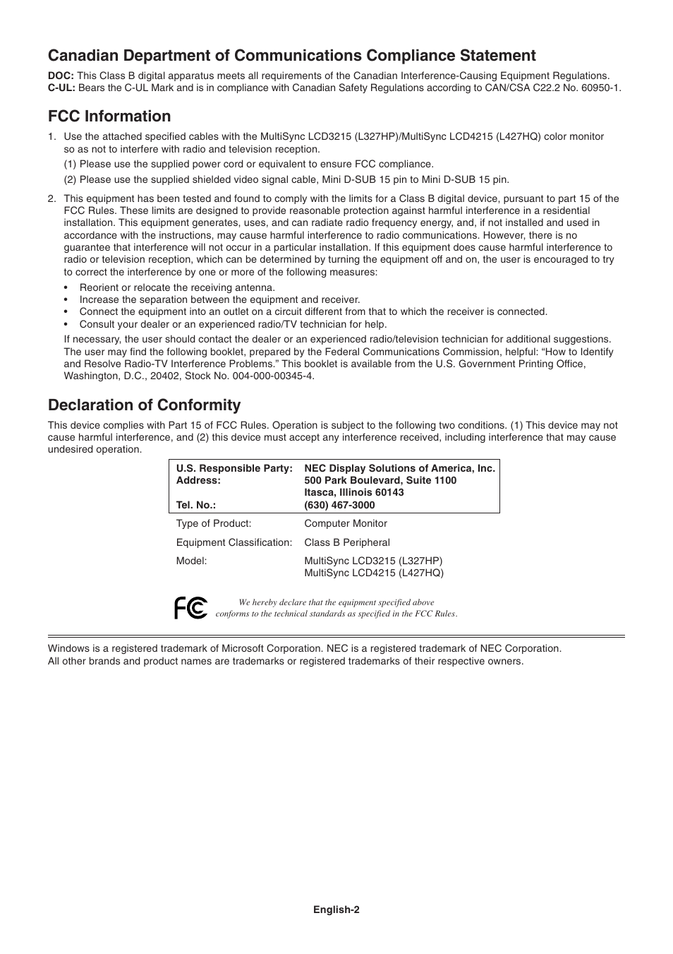 Fcc information, Declaration of conformity | NEC LCD4215 User Manual | Page 4 / 34