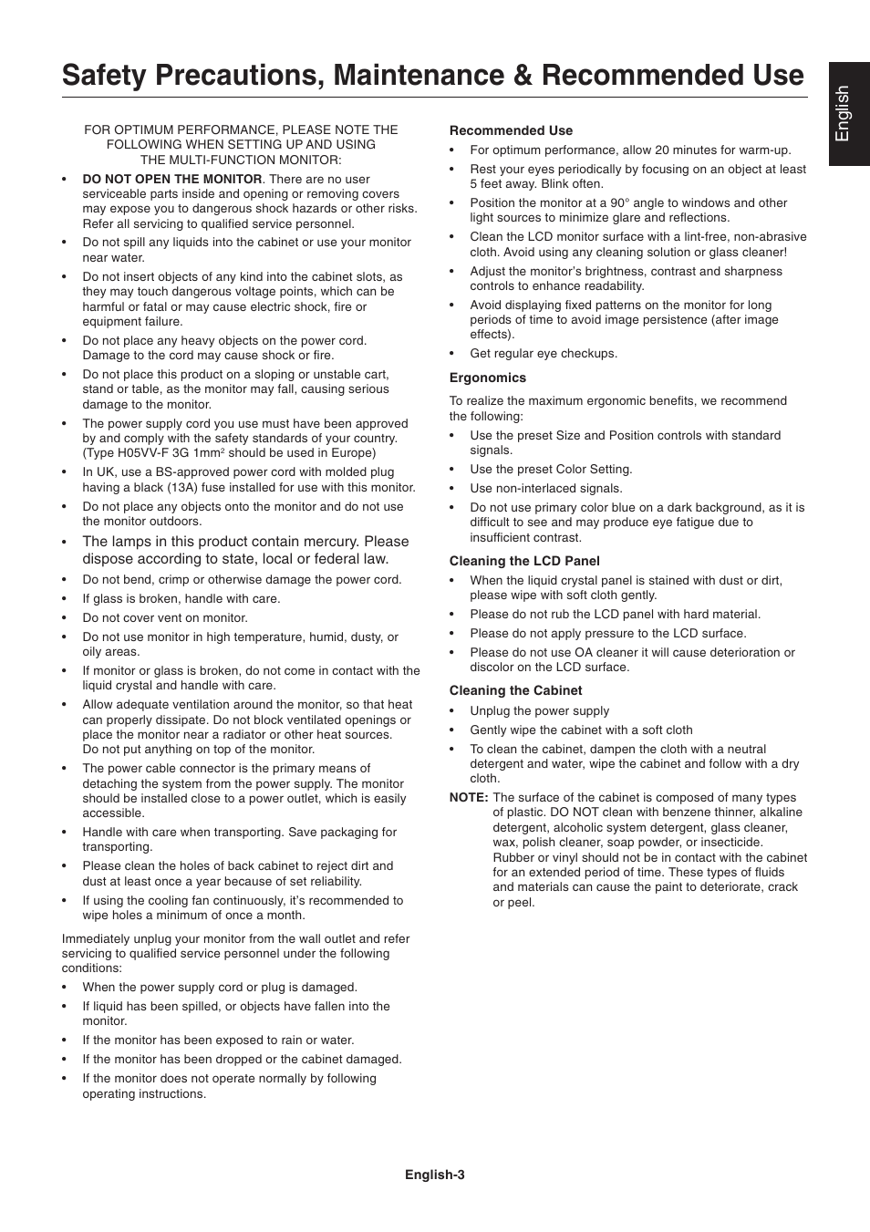 Safety precautions, maintenance & recommended use, English | NEC LCD4215 User Manual | Page 5 / 34