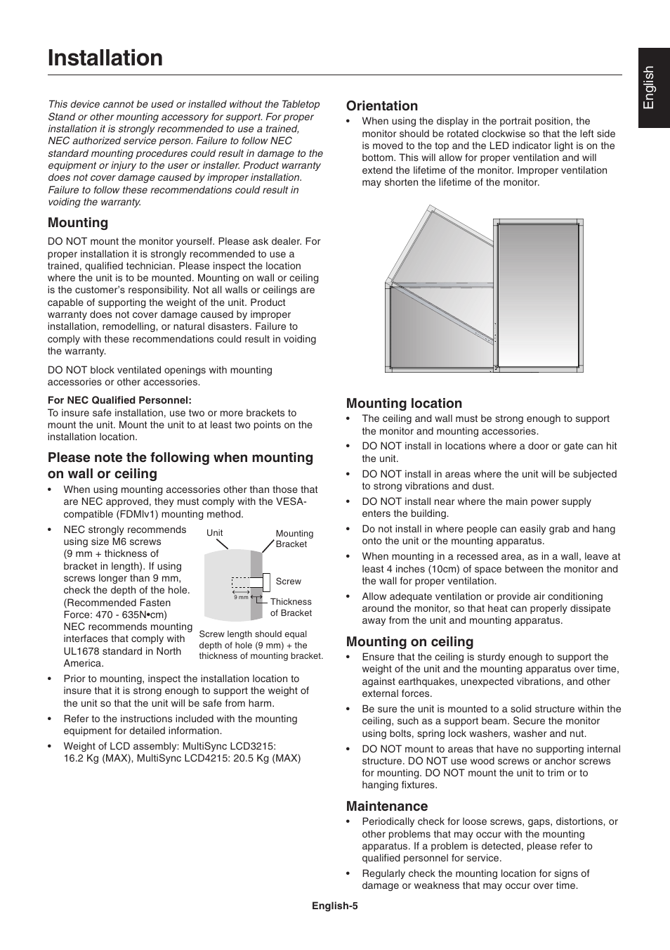 Installation, English, Mounting | Mounting location, Mounting on ceiling, Maintenance, Orientation | NEC LCD4215 User Manual | Page 7 / 34