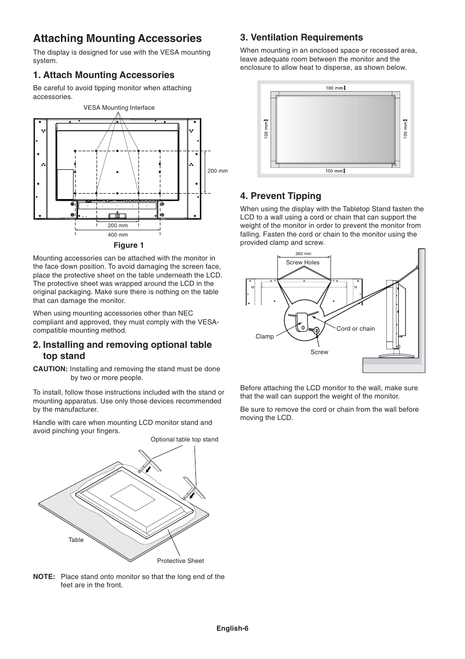 Attaching mounting accessories, Attach mounting accessories, Installing and removing optional table top stand | Ventilation requirements, Prevent tipping | NEC LCD4215 User Manual | Page 8 / 34
