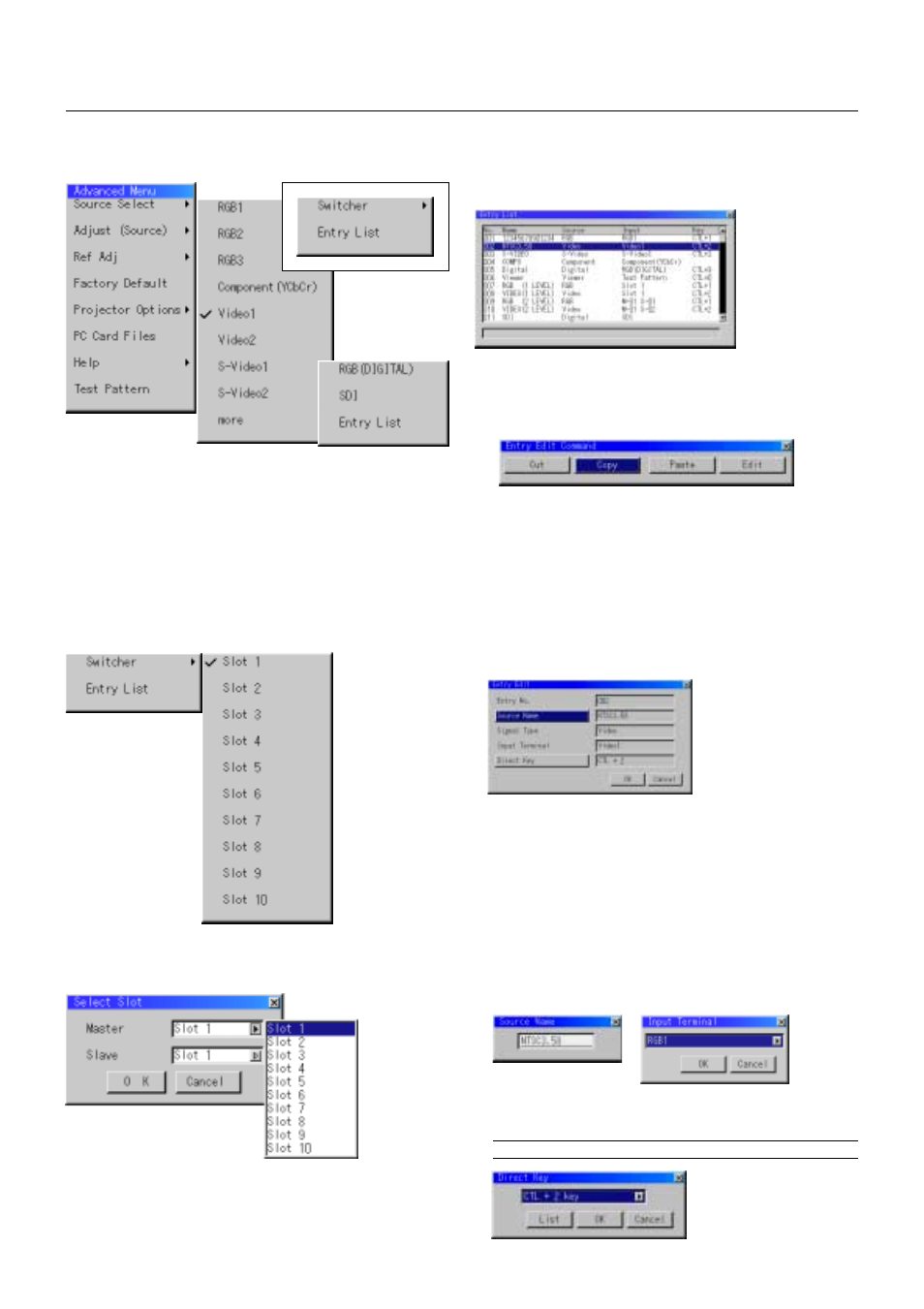 Menu descriptions & functions source select, E – 29, Entry list | Swicher | NEC XT5100 User Manual | Page 35 / 52