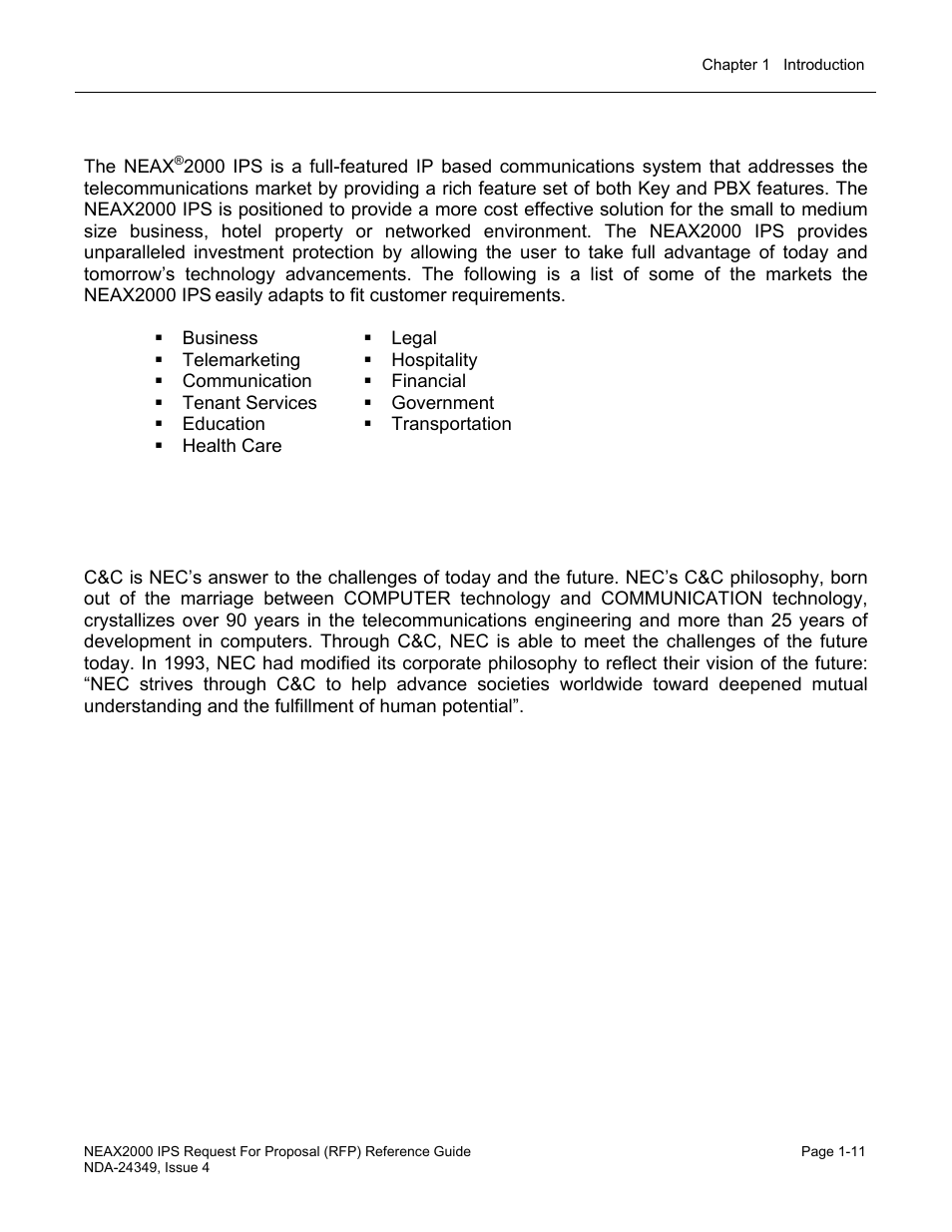 Vertical markets, Corporate philosophy | NEC NEAX NDA-24349 User Manual | Page 17 / 421