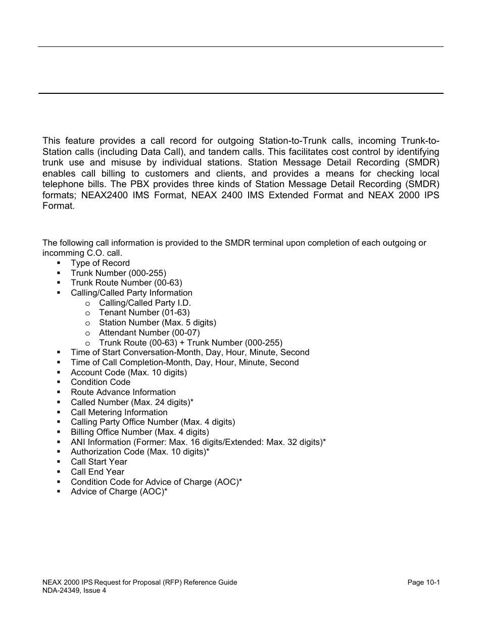 Chapter 10 system input/output (i/o) interfaces, Station message detail recording (smdr) | NEC NEAX NDA-24349 User Manual | Page 209 / 421