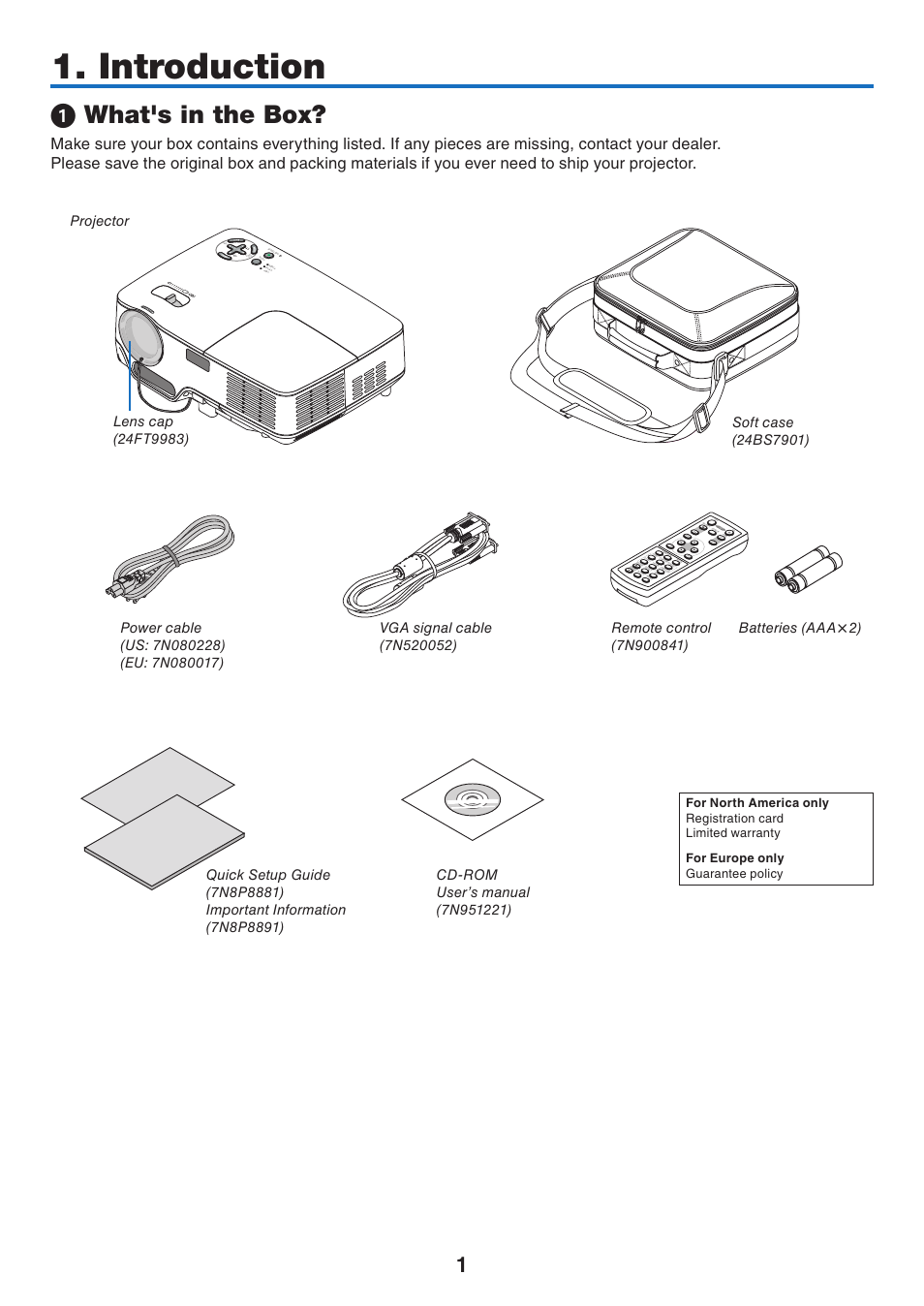 Introduction, 1) what's in the box, What's in the box | Sou rce | NEC NP41 User Manual | Page 10 / 100