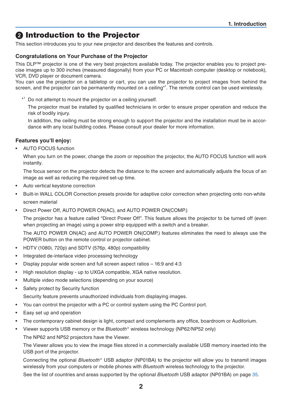 2) introduction to the projector, Introduction to the projector | NEC NP41 User Manual | Page 11 / 100