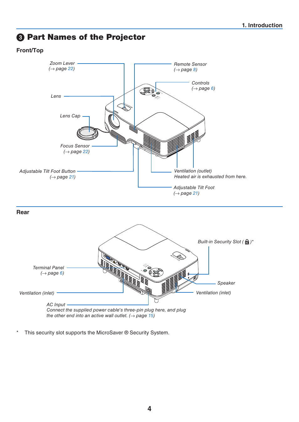 3) part names of the projector, Front/top, Rear | Part names of the projector, Introducton | NEC NP41 User Manual | Page 13 / 100