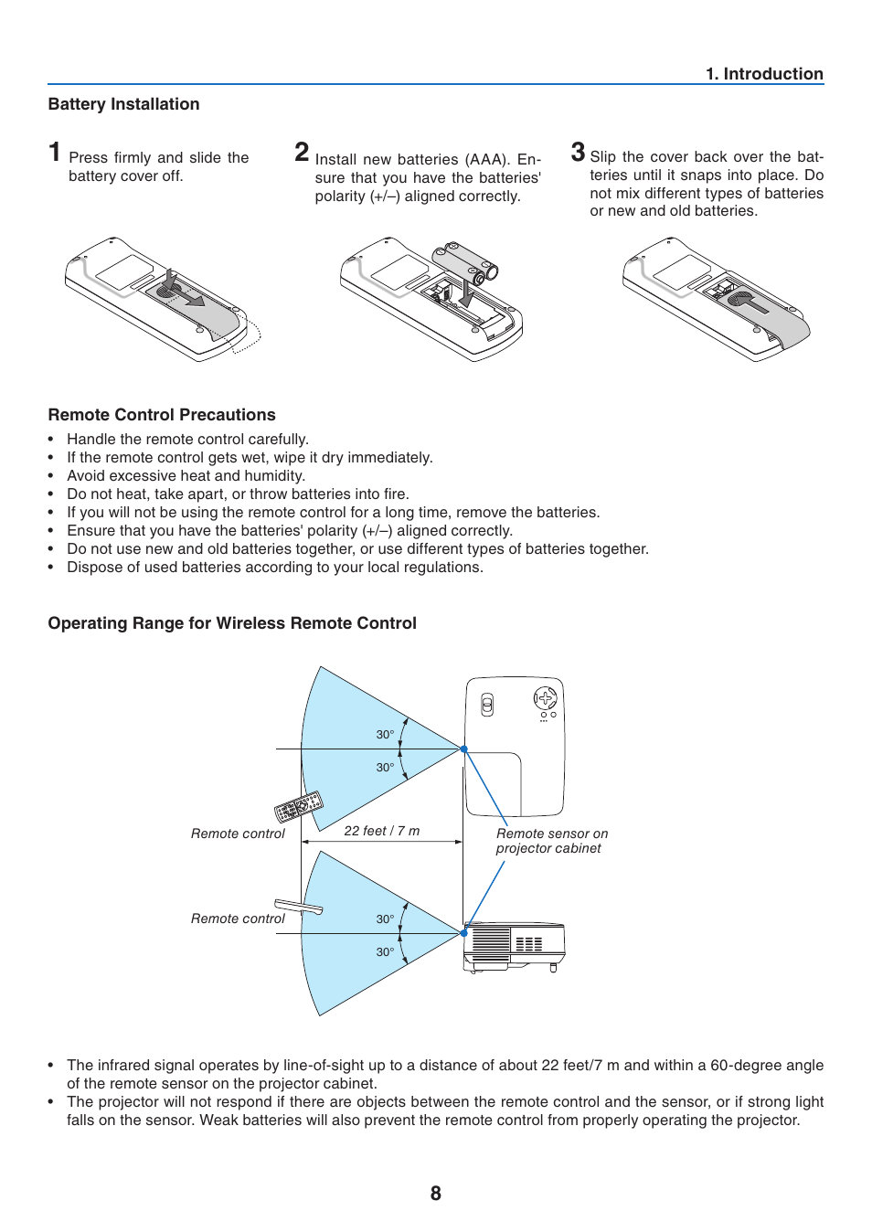 Battery installation, Remote control precautions, Operating range for wireless remote control | NEC NP41 User Manual | Page 17 / 100