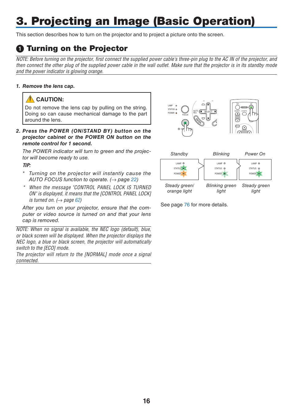 Projecting an image (basic operation), 1) turning on the projector, Turning on the projector | Caution | NEC NP41 User Manual | Page 25 / 100