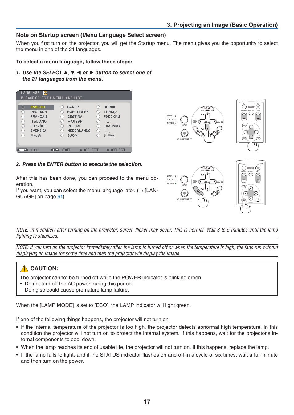 Projectng an image (basc operaton), Caution | NEC NP41 User Manual | Page 26 / 100