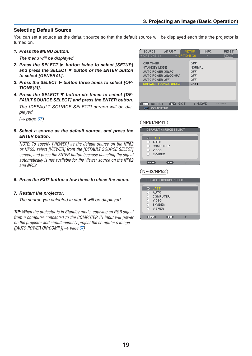 Selecting default source | NEC NP41 User Manual | Page 28 / 100