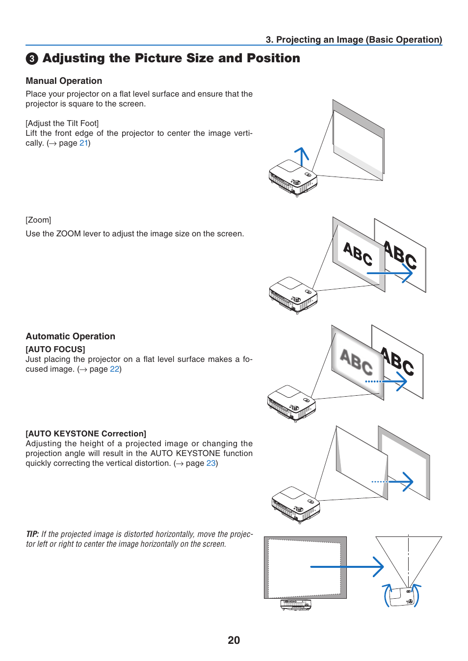 3) adjusting the picture size and position, Manual operation, Automatic operation | Adjusting the picture size and position | NEC NP41 User Manual | Page 29 / 100