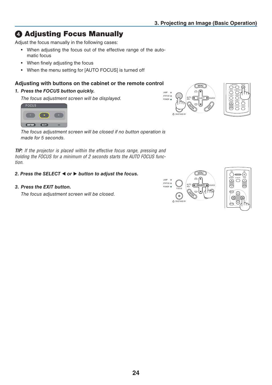 4) adjusting focus manually, Adjusting focus manually, Projectng an image (basc operaton) | NEC NP41 User Manual | Page 33 / 100