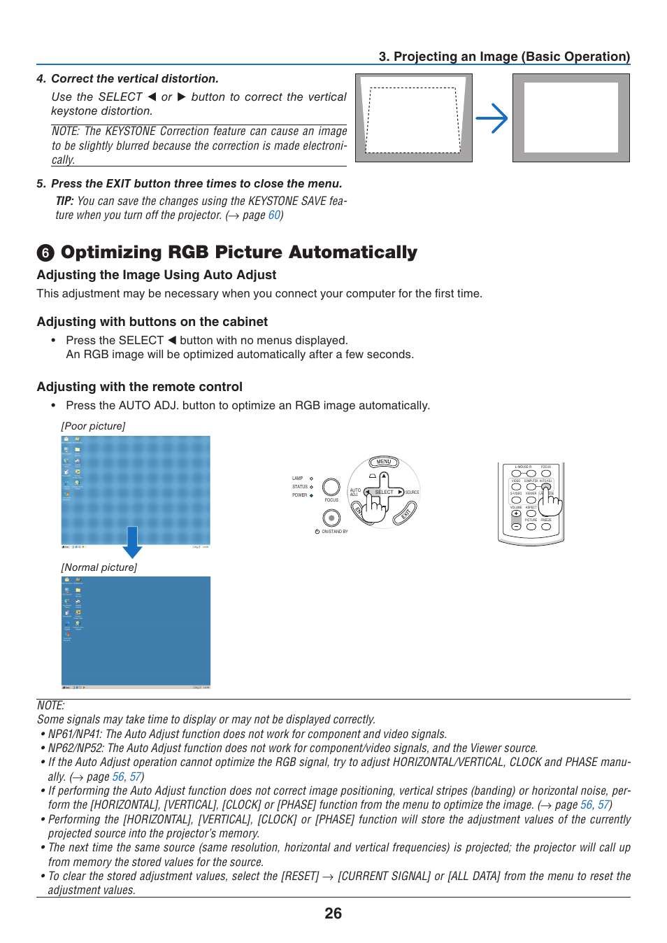 6) optimizing rgb picture automatically, Optimizing rgb picture automatically, Projectng an image (basc operaton) | Adjustng the image usng auto adjust, Adjustng wth buttons on the cabnet, Adjustng wth the remote control | NEC NP41 User Manual | Page 35 / 100