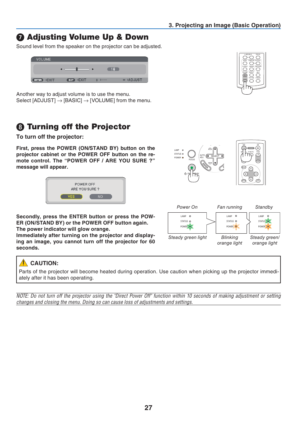7) adjusting volume up & down, 8) turning off the projector, Adjusting volume up & down | Turning off the projector, Projectng an image (basc operaton), Caution | NEC NP41 User Manual | Page 36 / 100