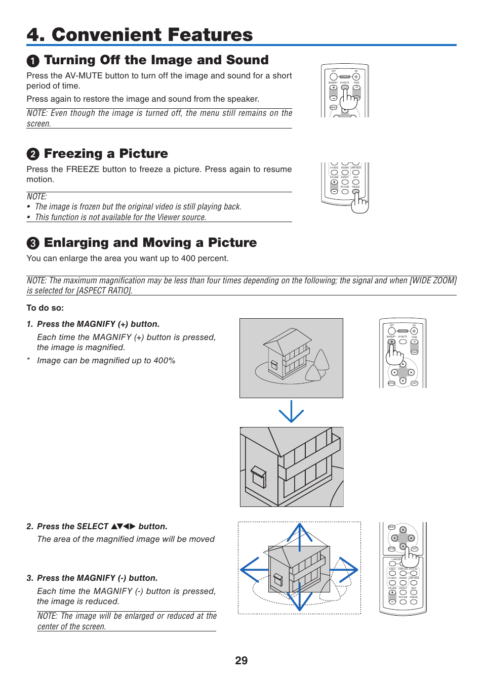 Convenient features, 1) turning off the image and sound, 2) freezing a picture | 3) enlarging and moving a picture, Turning off the image and sound, Freezing a picture, Enlarging and moving a picture | NEC NP41 User Manual | Page 38 / 100