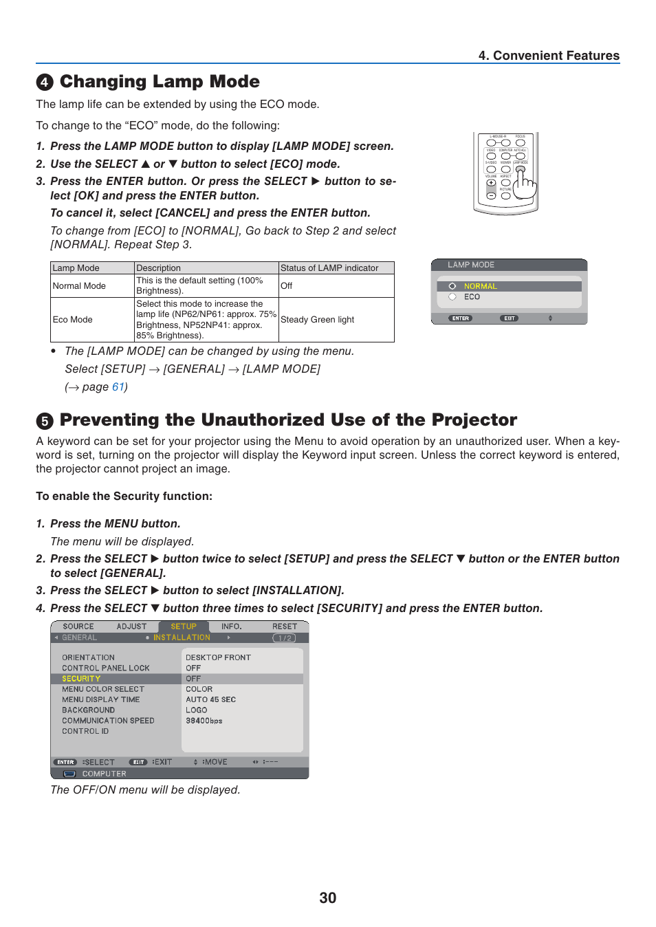 4) changing lamp mode, Changing lamp mode, Preventing the unauthorized use of the projector | Convenent features | NEC NP41 User Manual | Page 39 / 100