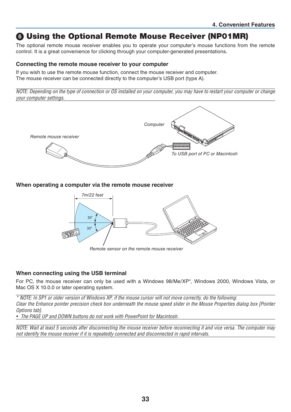 Using the optional remote mouse receiver (np01mr) | NEC NP41 User Manual | Page 42 / 100