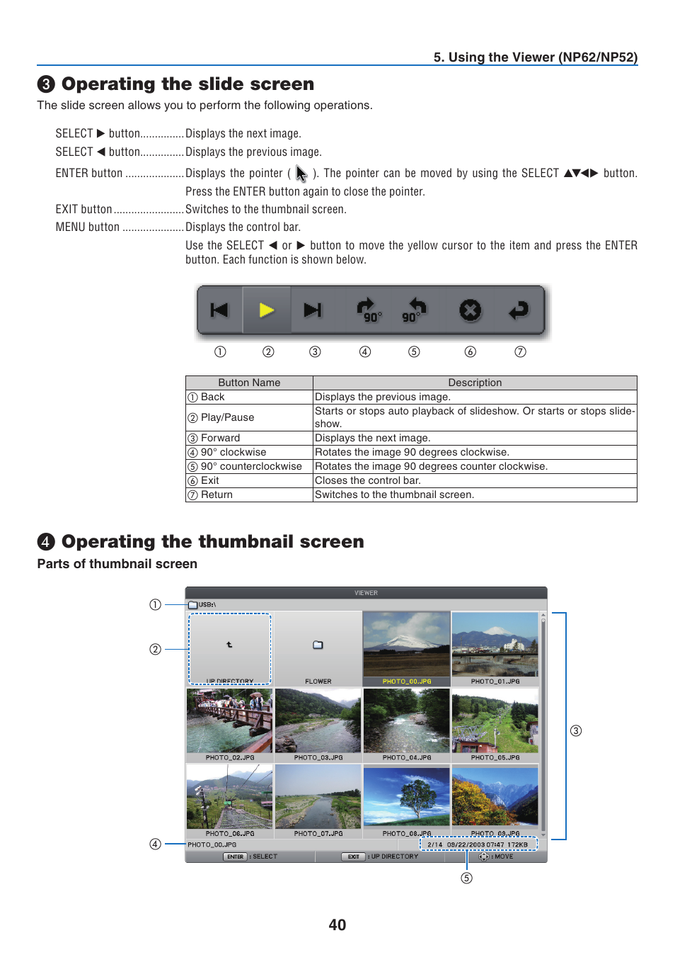 3) operating the slide screen, 4) operating the thumbnail screen, Parts of thumbnail screen | Operating the slide screen, Operating the thumbnail screen | NEC NP41 User Manual | Page 49 / 100