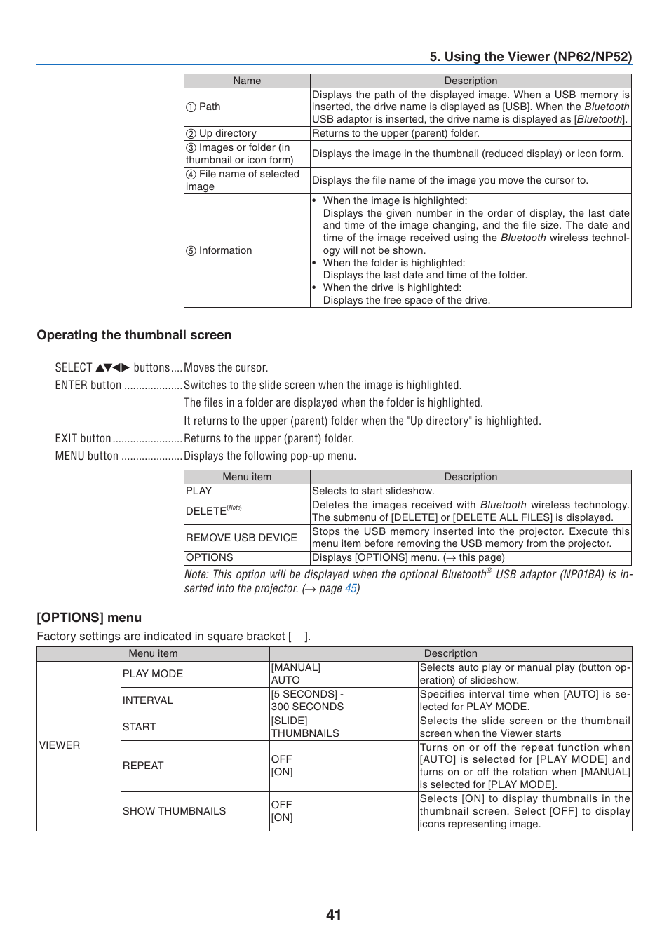 Operating the thumbnail screen, Options] menu, Usng the vewer (np/np) | Operatng the thumbnal screen | NEC NP41 User Manual | Page 50 / 100