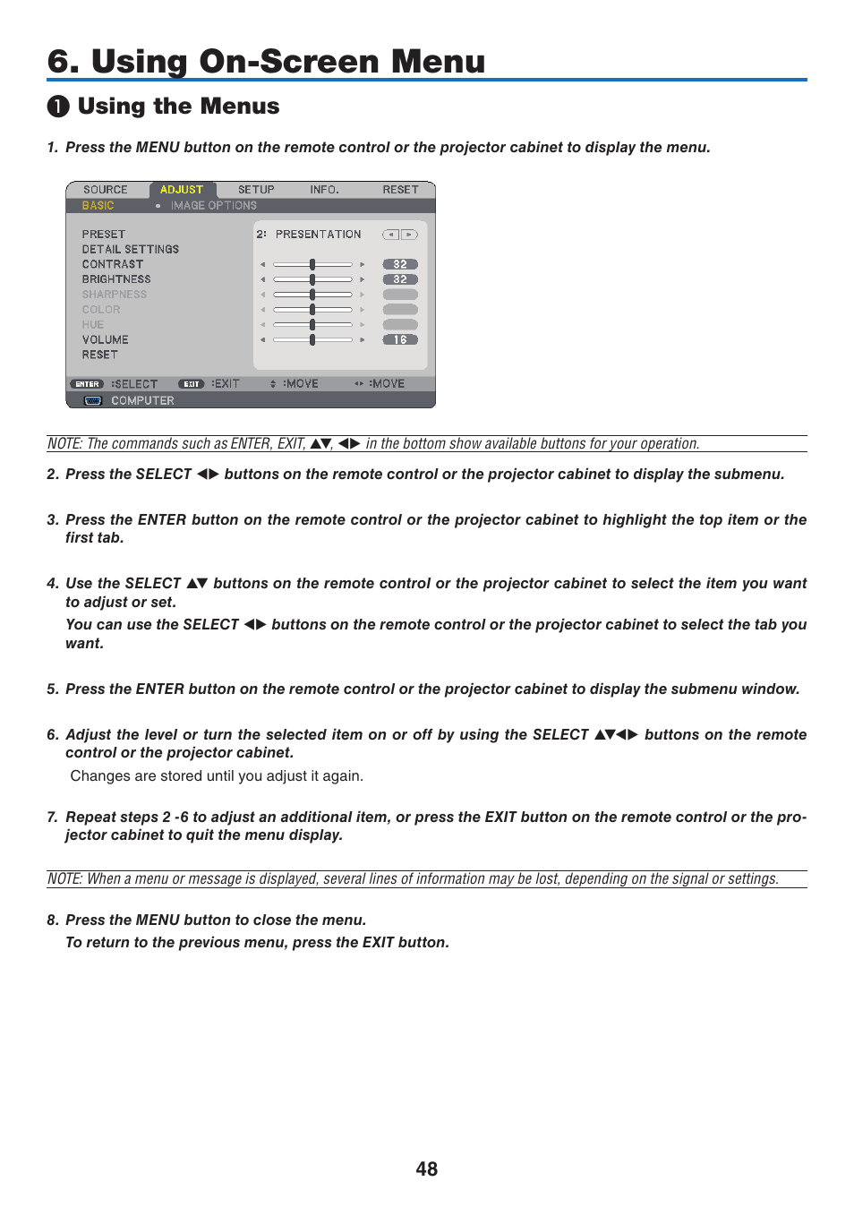 Using on-screen menu, 1) using the menus, Using the menus | NEC NP41 User Manual | Page 57 / 100