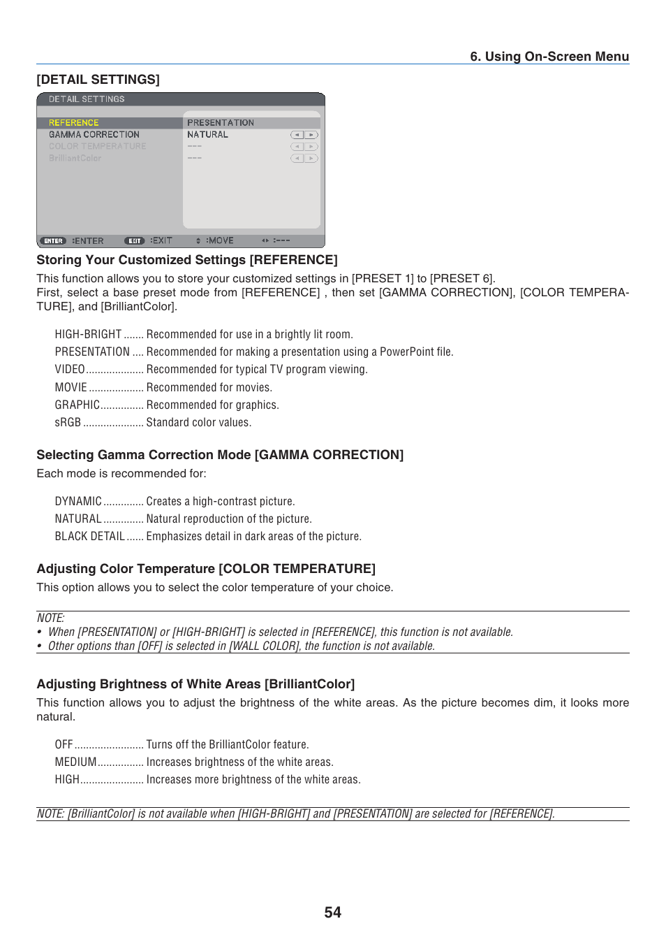 Detail settings, Storing your customized settings [reference, Selecting gamma correction mode [gamma correction | Adjusting color temperature [color temperature | NEC NP41 User Manual | Page 63 / 100