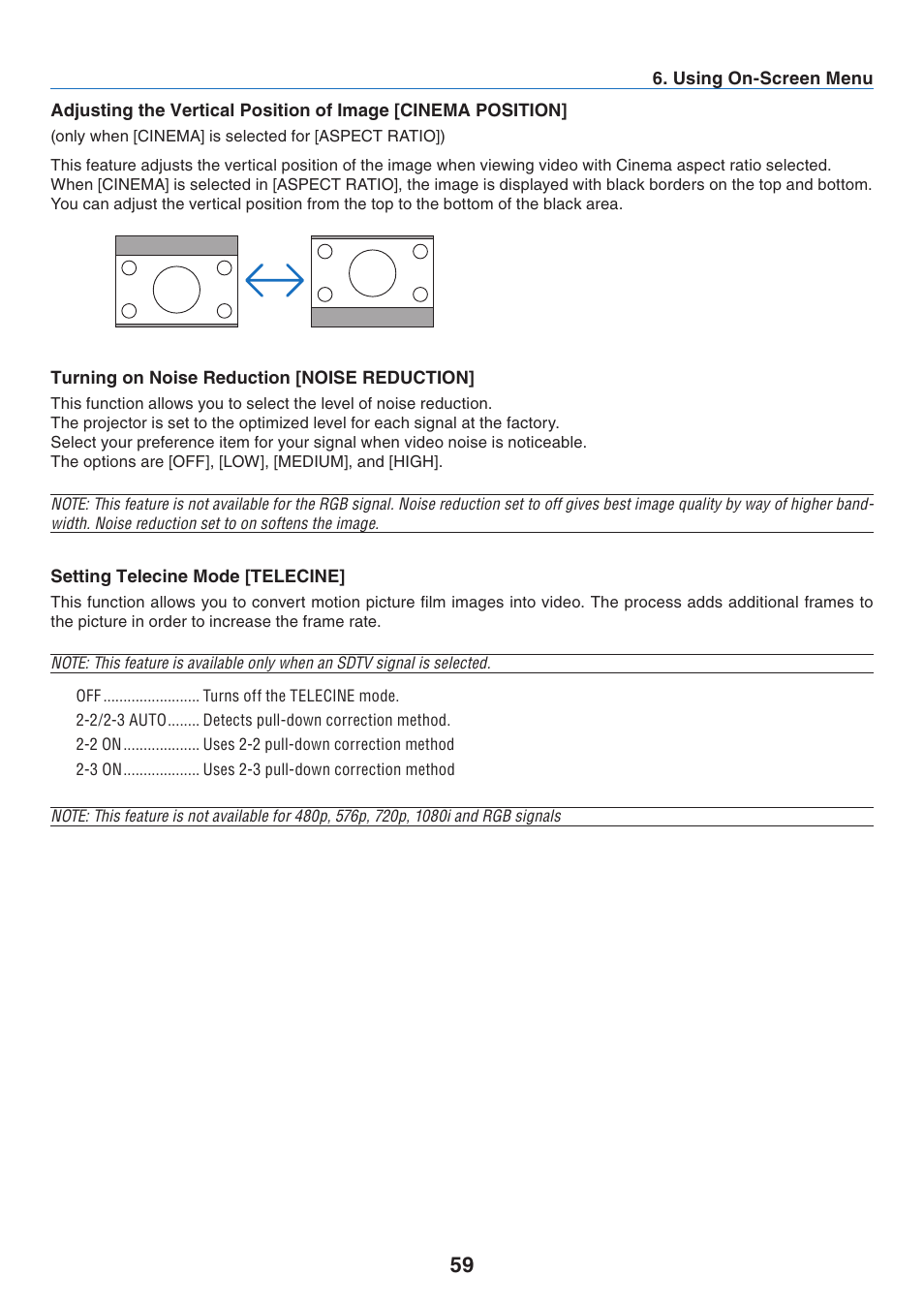 Turning on noise reduction [noise reduction, Setting telecine mode [telecine | NEC NP41 User Manual | Page 68 / 100
