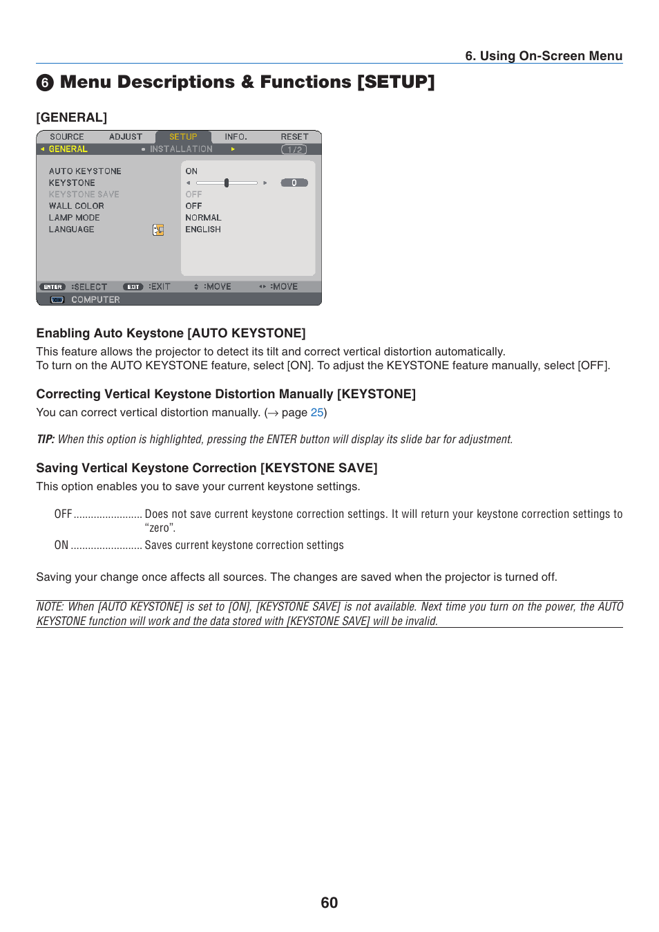 6) menu descriptions & functions [setup, General, Enabling auto keystone [auto keystone | Saving vertical keystone correction [keystone save, Menu descriptions & functions [setup | NEC NP41 User Manual | Page 69 / 100