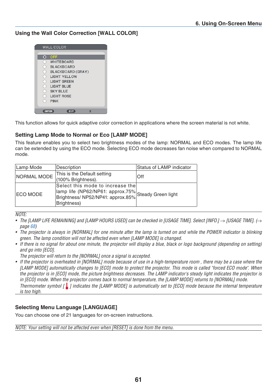 Using the wall color correction [wall color, Setting lamp mode to normal or eco [lamp mode, Selecting menu language [language | NEC NP41 User Manual | Page 70 / 100