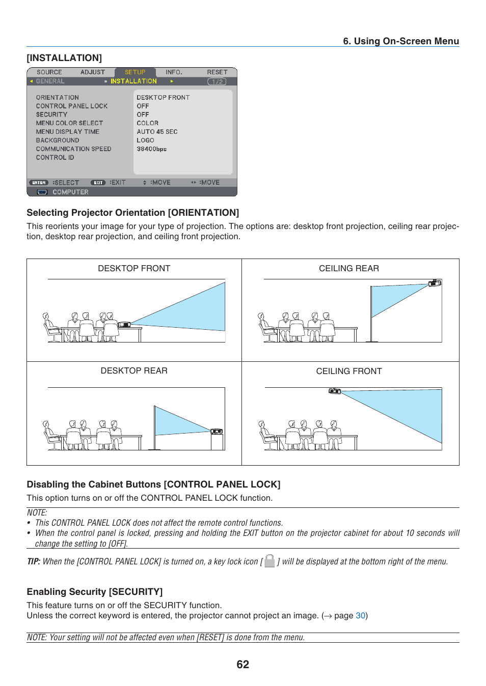 Installation, Selecting projector orientation [orientation, Disabling the cabinet buttons [control panel lock | Enabling security [security | NEC NP41 User Manual | Page 71 / 100