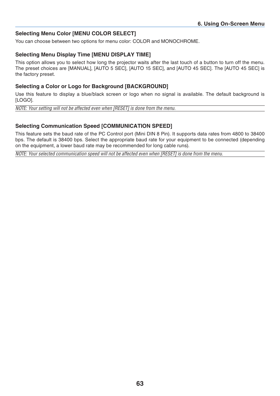 Selecting menu color [menu color select, Selecting menu display time [menu display time, Selecting communication speed [communication speed | NEC NP41 User Manual | Page 72 / 100