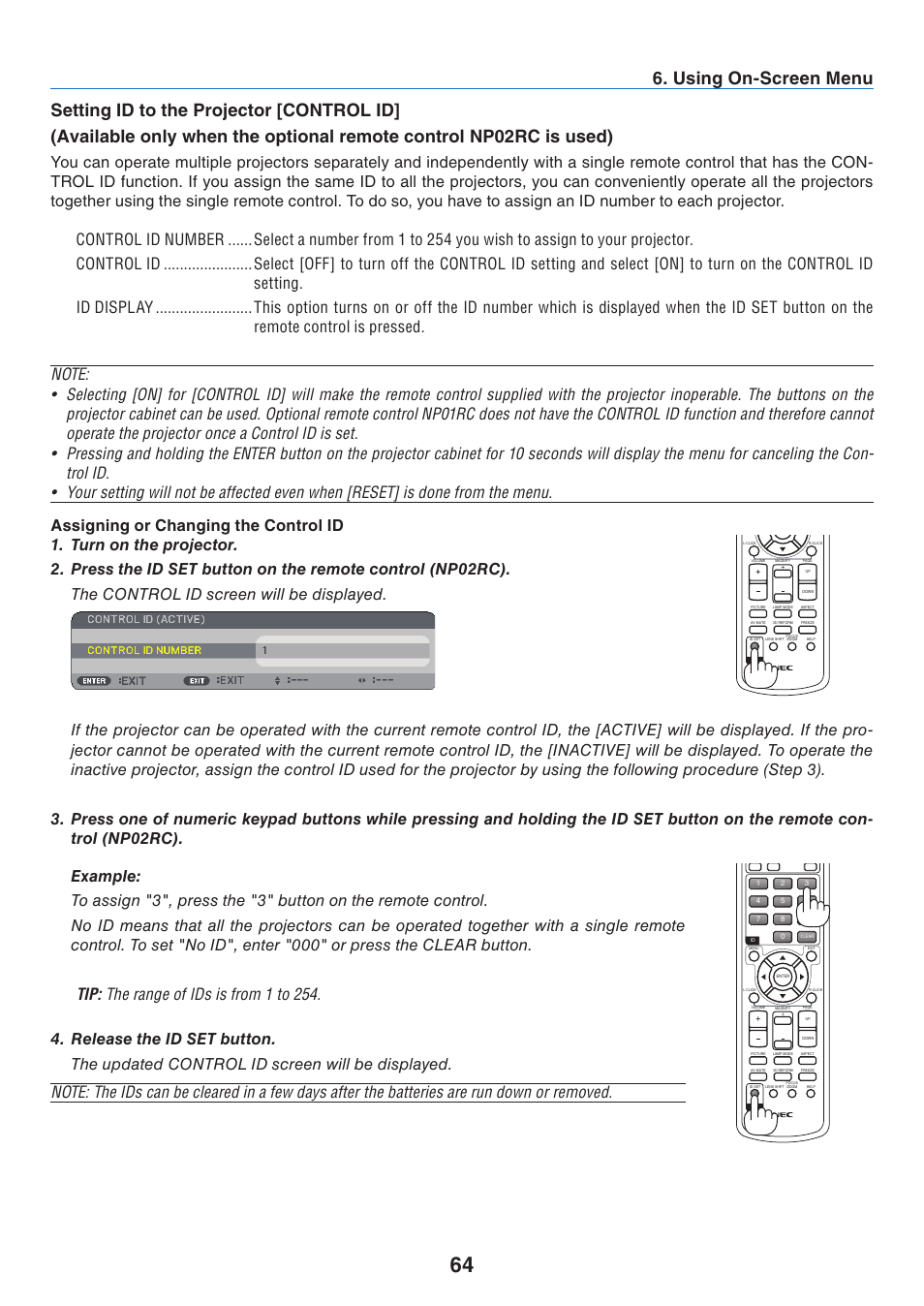 Setting id to the projector [control id | NEC NP41 User Manual | Page 73 / 100