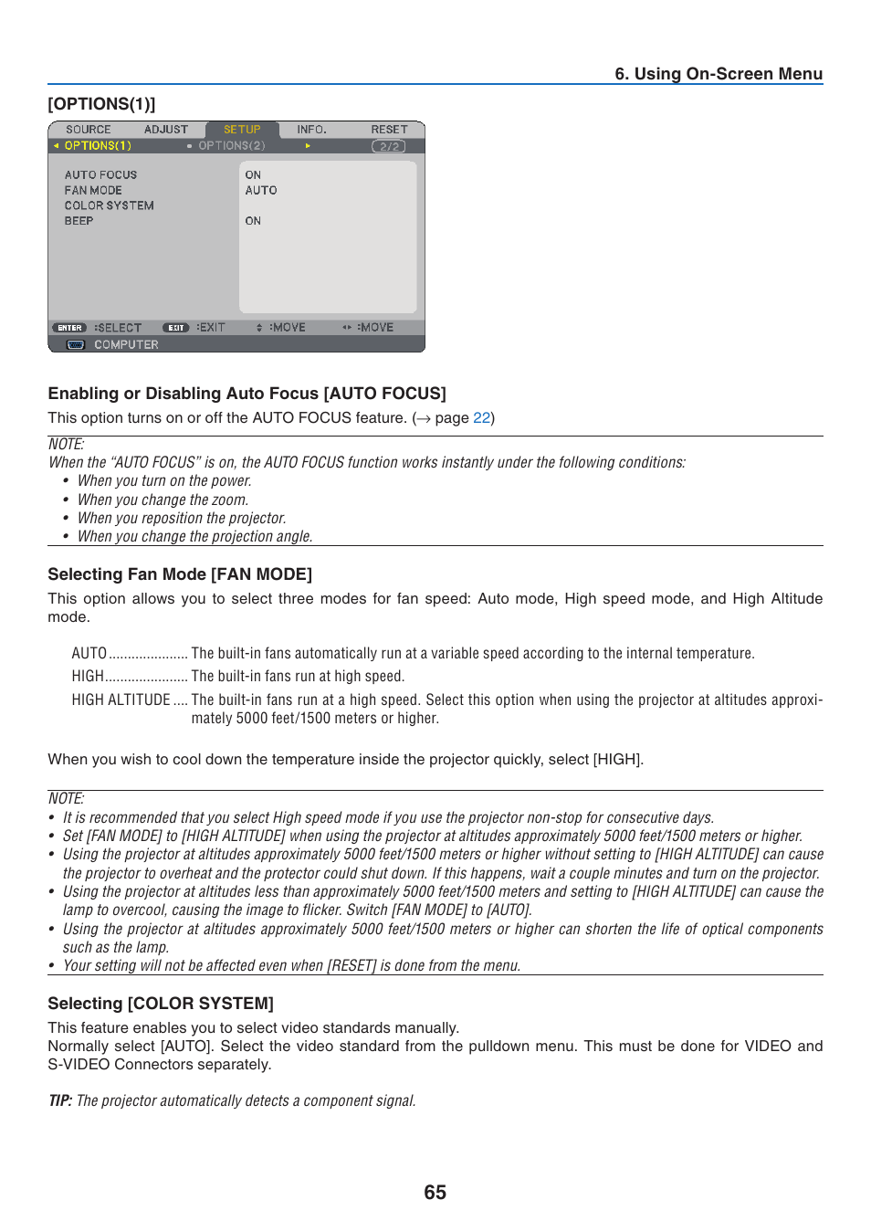 Options(1), Enabling or disabling auto focus [auto focus, Selecting fan mode [fan mode | Selecting [color system | NEC NP41 User Manual | Page 74 / 100