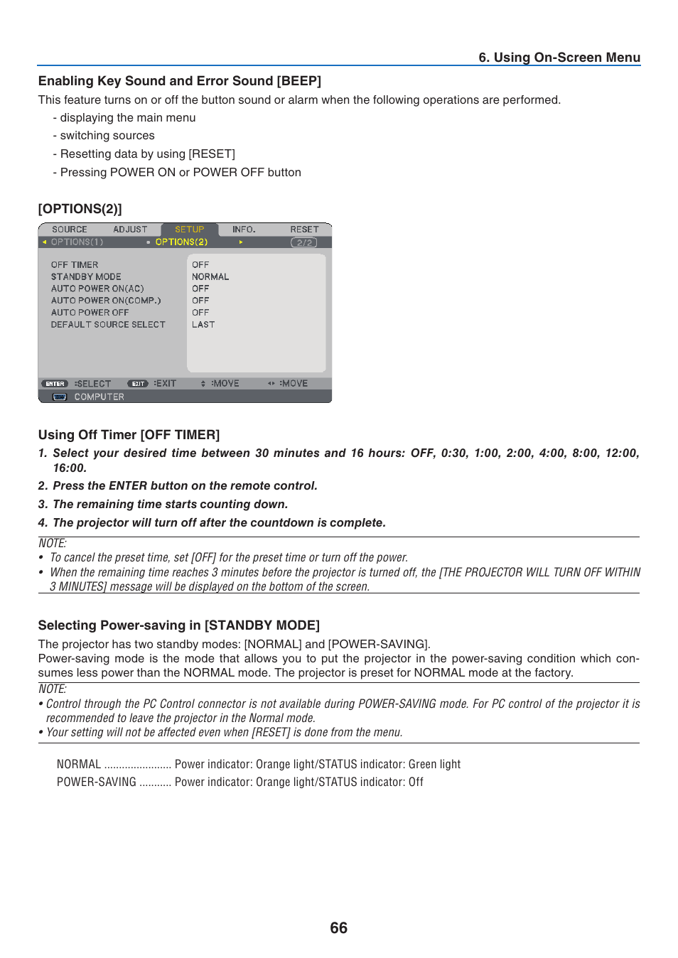 Enabling key sound and error sound [beep, Options(2), Using off timer [off timer | Selecting power-saving in [standby mode | NEC NP41 User Manual | Page 75 / 100