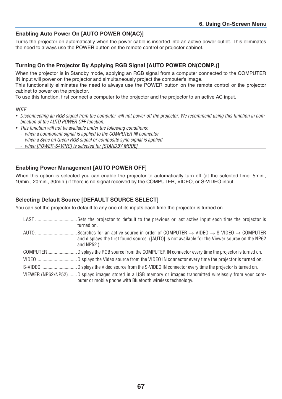 Enabling auto power on [auto power on(ac), Enabling power management [auto power off, Selecting default source [default source select | NEC NP41 User Manual | Page 76 / 100