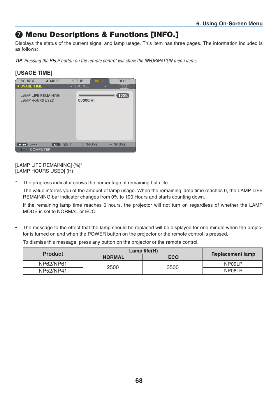 7) menu descriptions & functions [info, Usage time, Menu descriptions & functions [info | NEC NP41 User Manual | Page 77 / 100
