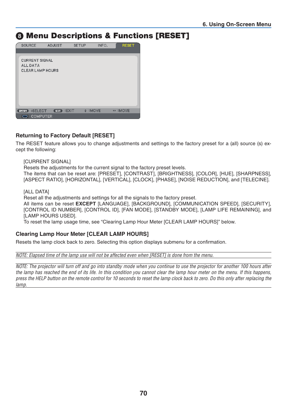8) menu descriptions & functions [reset, Returning to factory default [reset, Clearing lamp hour meter [clear lamp hours | Menu descriptions & functions [reset | NEC NP41 User Manual | Page 79 / 100