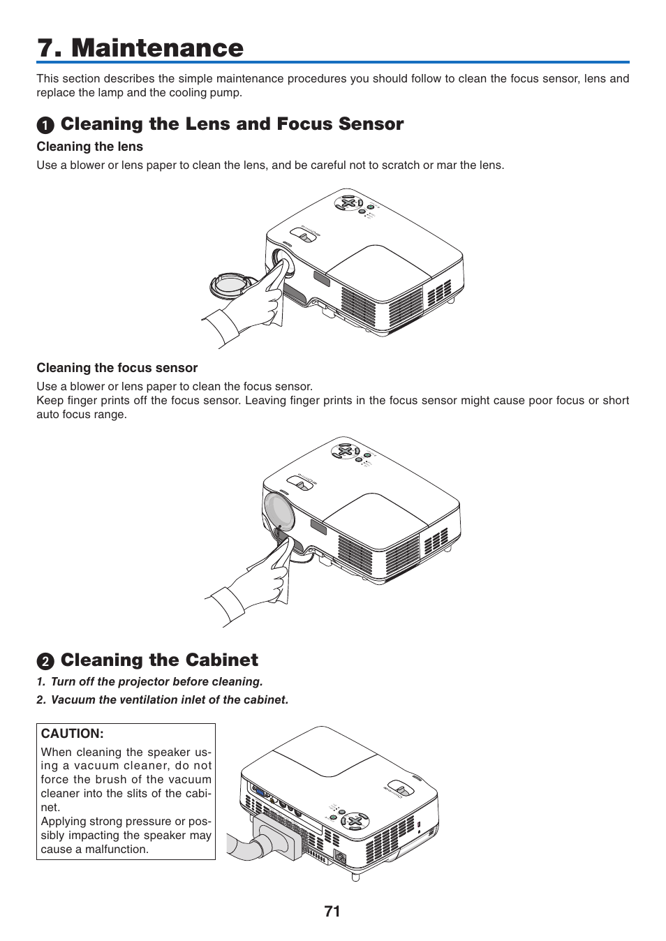 Maintenance, 1) cleaning the lens and focus sensor, 2) cleaning the cabinet | Cleaning the lens and focus sensor, Cleaning the cabinet, Cleanng the lens, Cleanng the focus sensor, Caution, Sou rce, Compu ter i n | NEC NP41 User Manual | Page 80 / 100