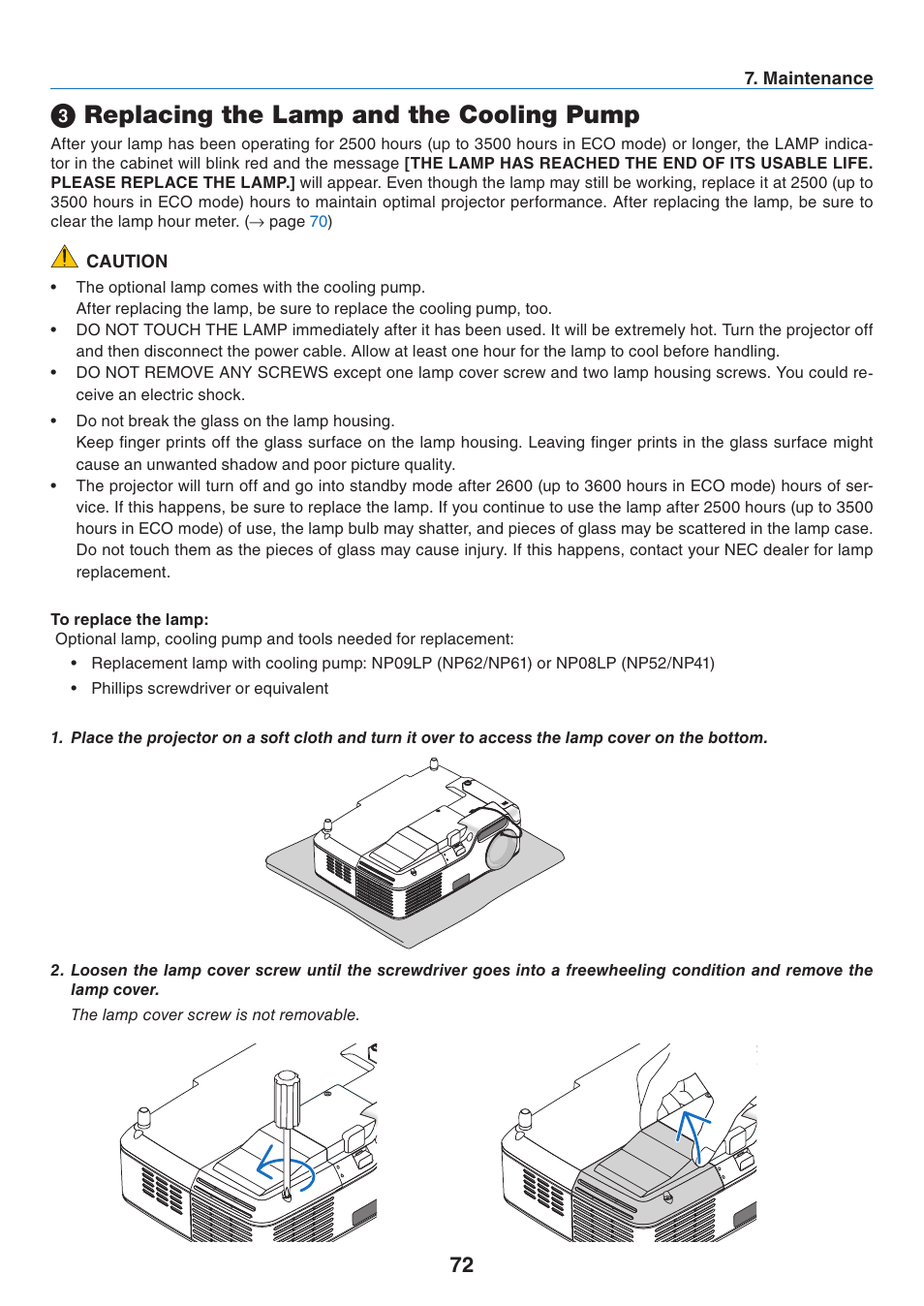 3) replacing the lamp and the cooling pump, Replacing the lamp and the cooling pump | NEC NP41 User Manual | Page 81 / 100