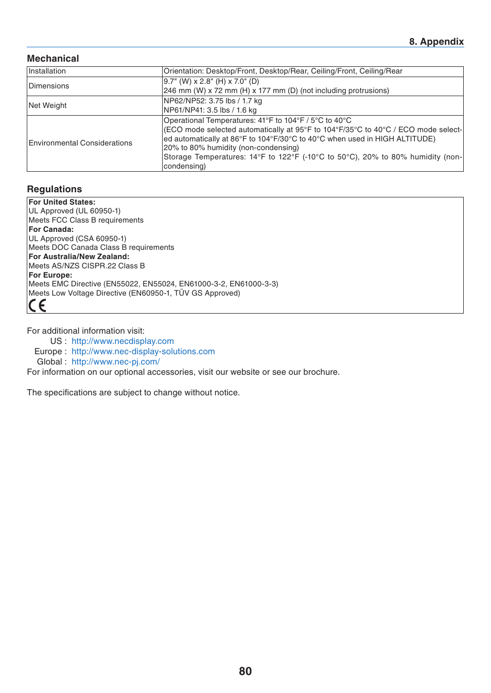 Mechanical, Regulations | NEC NP41 User Manual | Page 89 / 100