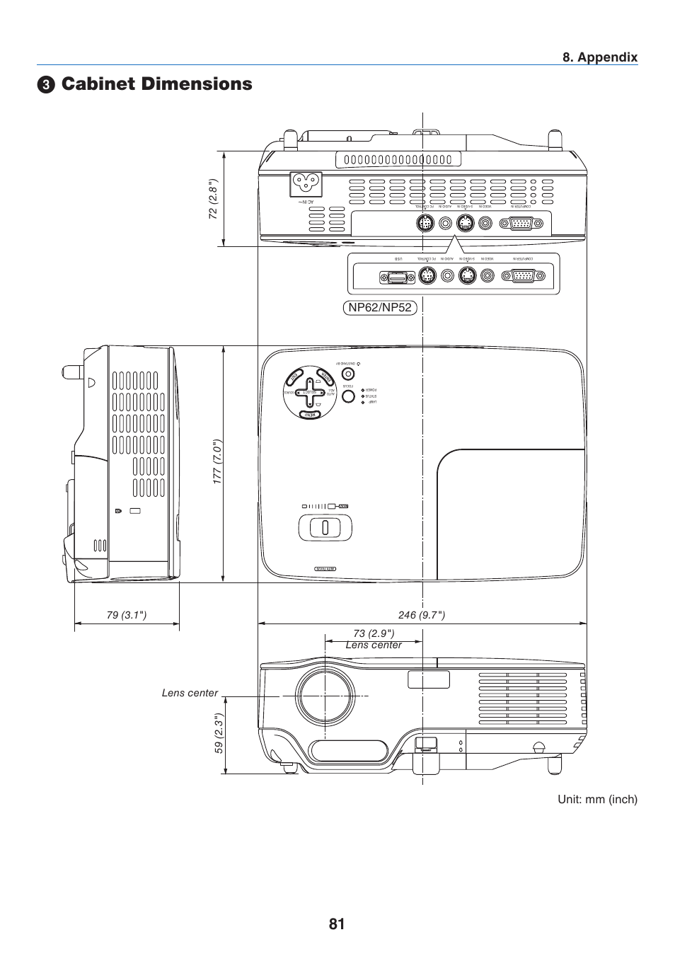 3) cabinet dimensions, Cabinet dimensions, Appendx | Unit: mm (inch), Np62/np52, Lens center | NEC NP41 User Manual | Page 90 / 100
