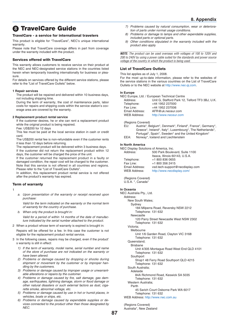 8) travelcare guide, Travelcare guide, Appendx | NEC NP41 User Manual | Page 96 / 100
