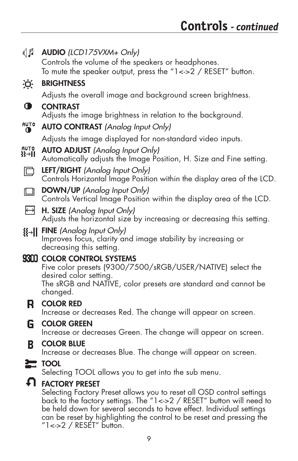 Controls, Continued | NEC 175VXM User Manual | Page 11 / 76