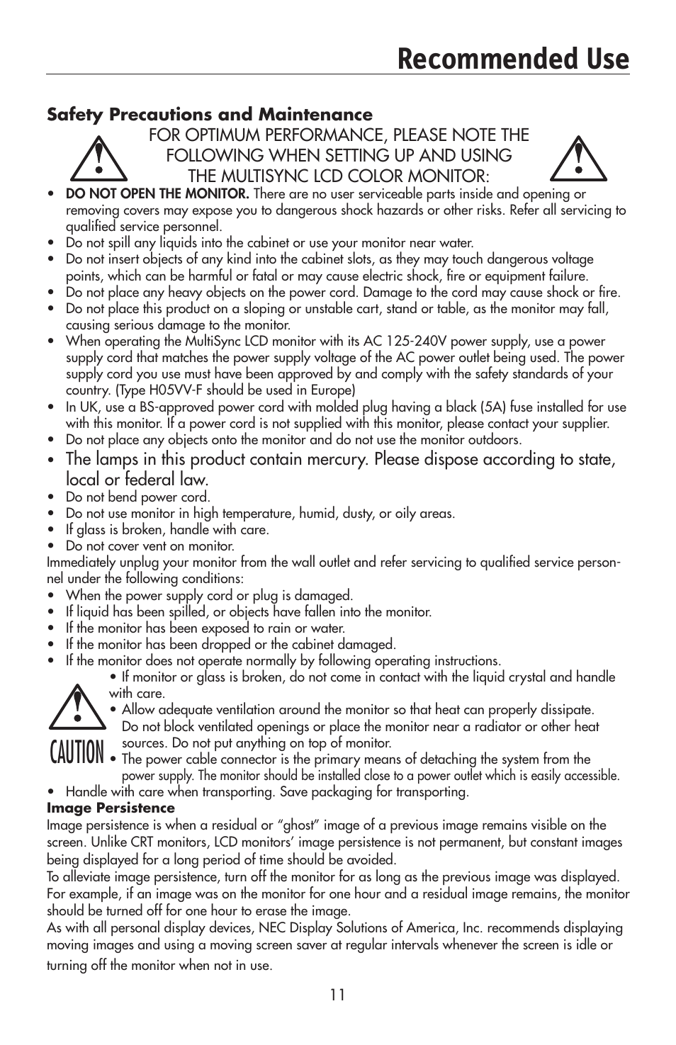 Recommended use caution | NEC 175VXM User Manual | Page 13 / 76