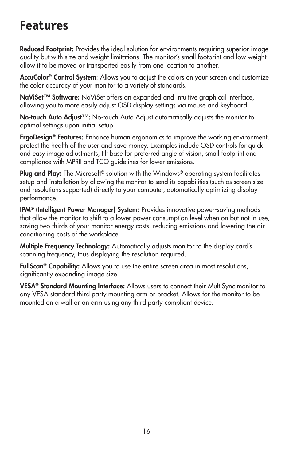 Features | NEC 175VXM User Manual | Page 18 / 76