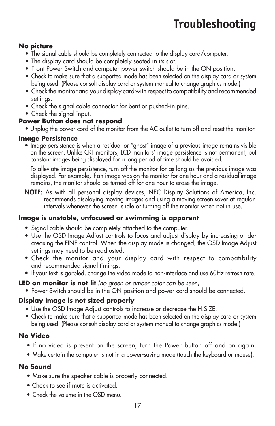 Troubleshooting | NEC 175VXM User Manual | Page 19 / 76