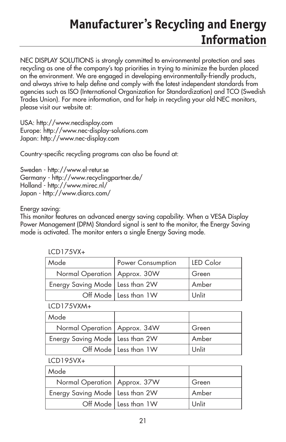 Manufacturer’s recycling and energy information | NEC 175VXM User Manual | Page 23 / 76